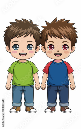 Two cheerful young brothers standing side by side wearing casual summer shirts and blue jeans, happy twin school boys posing together, colorful cartoon avatar character design for kids education conce