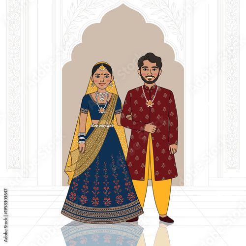 A happy young Indian couple in traditional wedding attire standing together under a grand archway at a festive ceremony celebrating love and togetherness in a colorful ethnic style vector illustration
