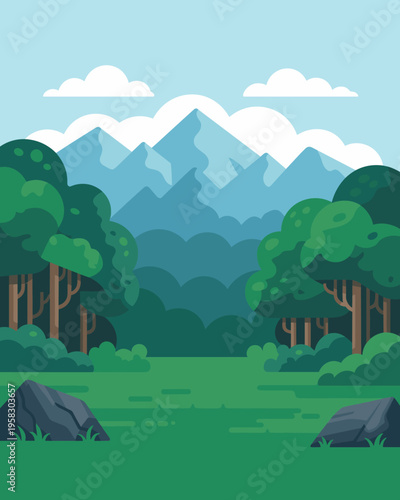 Stunning flat vector art design featuring majestic blue mountains rising above a verdant forest glade with lush trees and rocky terrain in a peaceful summer wilderness landscape for modern creative pr