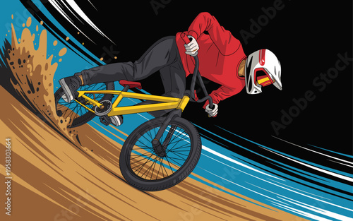 Dynamic bmx bike rider in a high speed action turn on a dirt track, professional cyclist performing extreme stunts concept, motion blur race intense outdoor hobby competition scene, vector graphic sty