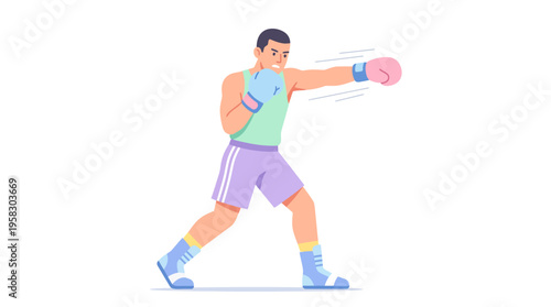 Boxer training with punching motion and boxing gloves.