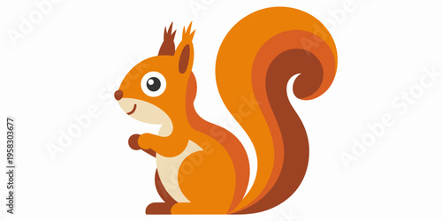 A cute cartoon squirrel flat illustration with vibrant orange fur and a large bushy tail, cheerful woodland animal character design for nature education, forest themed kids decor, children book art st