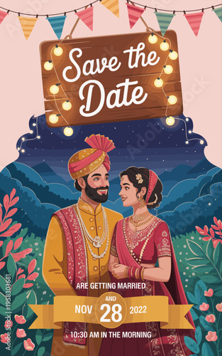 Indian wedding invitation card design featuring a happy couple in traditional ethnic attire, standing outdoors under fairy lights at night, celebrating love with floral decorations and festive banner 