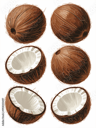 Set of isolated brown coconuts, whole and cracked open halves showing white textured flesh and fibrous hairy shell textures, detailed realistic exotic fruit collection for healthy organic food brandin