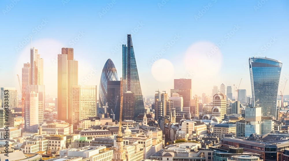 Obraz premium A panoramic view of a modern city skyline featuring diverse skyscrapers bathed in bright sunlight under a clear blue sky