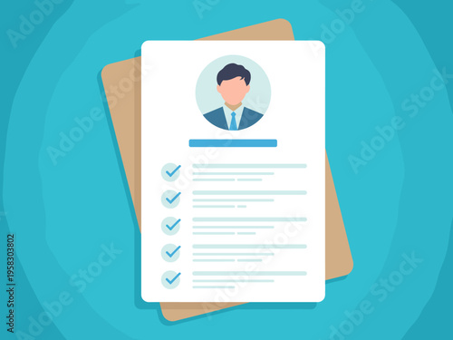 A professional resume or job application document featuring a profile photo of a successful businessman for hiring recruitment, employee candidate screening, hr evaluation, career growth and office wo