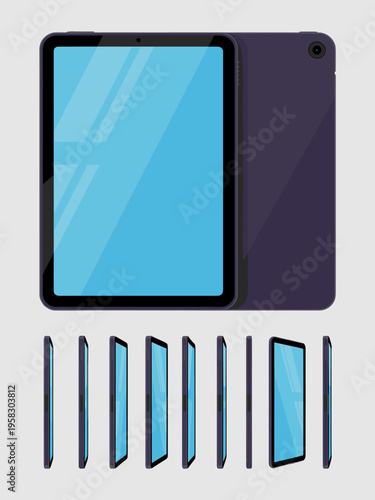 A flat digital tablet device shown from multiple viewing angles isolated on a light gray background for modern mobile hardware interface design, marketing mockups, technology advertisements and UI UX 