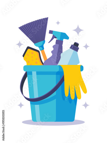 A vibrant blue bucket filled with essential household cleaning supplies including a yellow scrubbing sponge, purple broom, spray bottle, and glove, representing home maintenance, hygiene, and neatness