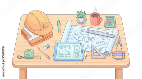 Architectural desk with blueprints and tools for construction.