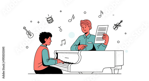 Boy learning piano from teacher with musical notes.