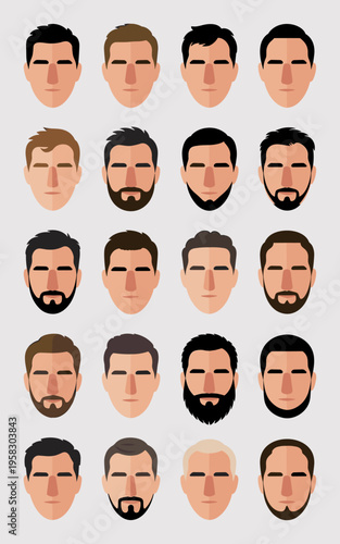 A diverse set of twenty flat vector male facial portraits displaying various hairstyles, beard styles, and stubble types in a modern minimalist grooming guide for professional barber shop branding con