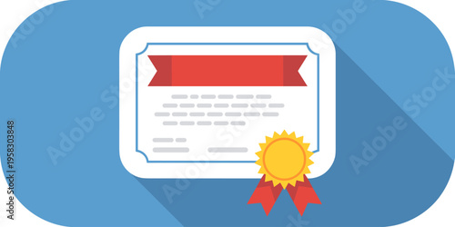 Minimalist flat vector illustration of an official achievement award certificate with a golden wax seal ribbon, isolated on a blue background, perfect for educational success, business merit or diplom