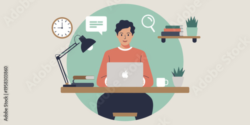 Young man working on a laptop at a creative home office desk with a lamp clock books and plant focusing on digital remote employment productivity education professional studying freelance task managem