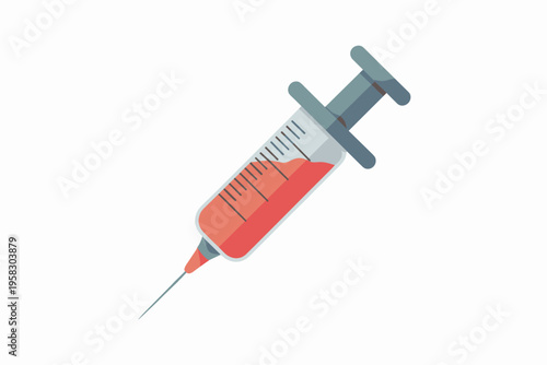 Medical syringe filled with red liquid, clinical healthcare instrument for vaccine injection or blood sample collection, isolated professional lab tool for pharmacy, nursing science, and diagnostics v