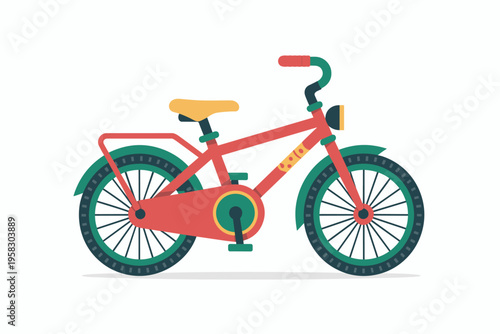 A vibrant flat vector illustration of an adorable kids bicycle featuring a red frame teal wheels and yellow seat perfect for children leisure activity travel concepts or playful nursery room decor des