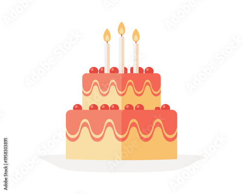 A delicious two-tier birthday cake with glowing lit candles sitting on a white plate festive dessert celebration food icon for party event invitations bakery menu design isolated flat vector illustrat