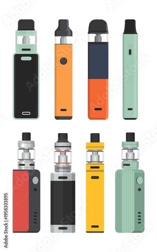 Set of modern electronic cigarettes and refillable vape pod mods collection in flat vector design for smoking cessation alternative lifestyle choice, featuring diverse hardware styles for nicotine use