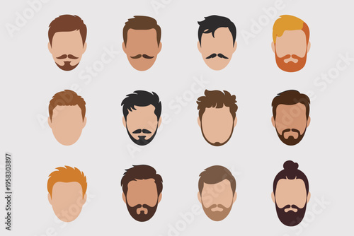 Set of diverse male hairstyles and beard grooming styles illustrated in a minimalist graphic design collection representing trendy barbershop hair trends and masculine facial hair options for fashion 