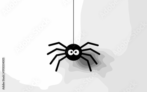 A cute cartoon black spider dangling from a single thin silk thread against a clean white background, representing a minimalist Halloween decoration, playful insect concept, pest control or nature met