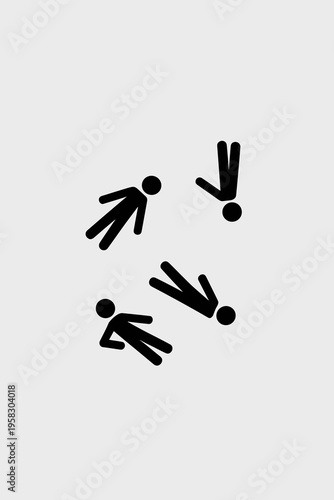 Minimalist concept art showing multiple black stylized human stick figures floating in weightless zero gravity on a plain white backdrop for creative design, depicting isolation, chaos, teamwork or in