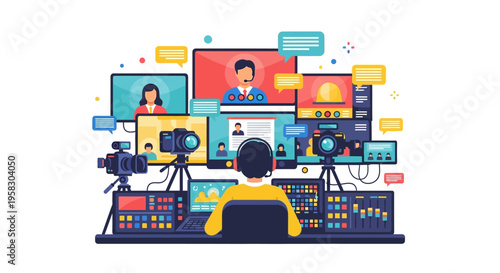 Broadcasting Studio Setup with Multiple Screens and Cameras.