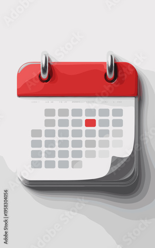 Minimalist 3D wall calendar icon with a single highlighted red date box and curled page corner isolated on a clean white background, perfect for time management, event planning, business scheduling co