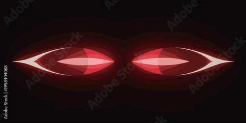 Fiery glowing red eyes staring from total darkness represent intensity and menace in this abstract digital illustration with sharp stylized luminous slits perfect for horror movie concepts or suspense