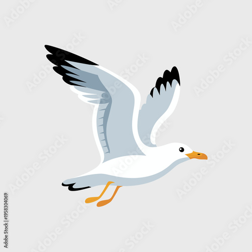 Minimalist vector illustration of a graceful white seagull flying against a neutral background representing nautical themes coastal living travel adventure wildlife beauty purity freedom and marine na