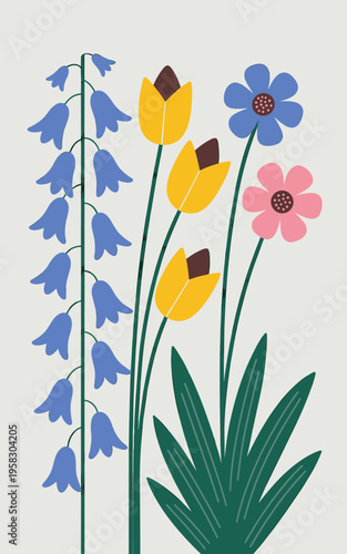 Minimalist Scandinavian floral art illustration featuring delicate bluebell flowers alongside bright yellow tulips and colorful daisies for modern home interior decor wall print designs and organic bo