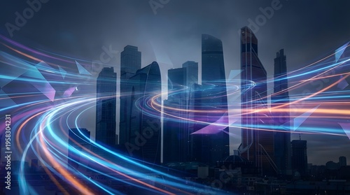 Modern city skyline at night illuminated by streaks of vibrant futuristic light