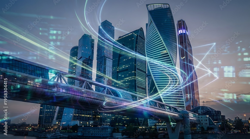 Obraz premium Modern skyscrapers and urban infrastructure illuminated with futuristic light trails symbolizing technology and connectivity
