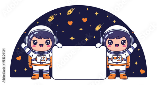 Two cartoon astronauts in white and orange space suits standing on either side of a blank white rectangle against a dark blue background with stars and planets.