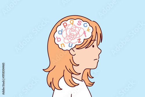 Girl afraid to speak due to dyslexia or autism. Thoughts spin in her head while she remains silent, illustrating internal struggle and communication barriers.