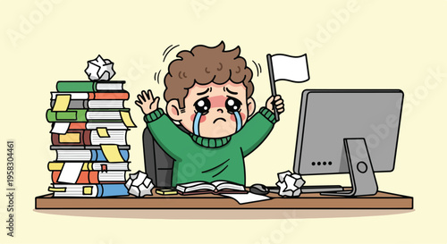 Cartoon illustration of a frustrated young boy sitting at a desk with a computer and a large stack of books, looking stressed while holding a crumpled piece of paper.