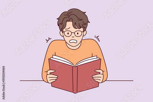 Boy feeling nervous while reading a book in public or classroom. Concept of social anxiety, excitement for stories, or dyslexia challenges in front of others.