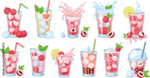 Strawberry refreshing drinks vector set with iced beverages, fruit slices and splashes, summer cocktail and juice collection isolated on white background illustration