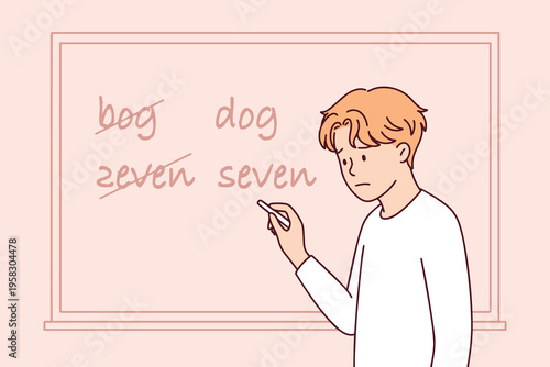 Boy confusing and writing letters incorrectly at the school blackboard due to dyslexia. Problem of spelling errors and academic struggle in the classroom.