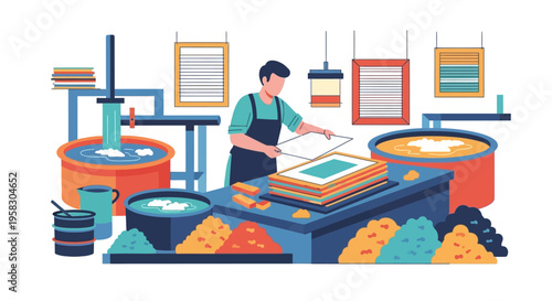 Artisan crafting paper with traditional methods in workshop.