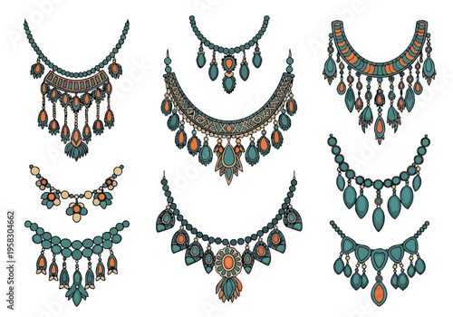 A collection of ornate and decorative necklaces, showcasing intricate designs and vibrant gemstone embellishments, perfect for adding a touch of elegance and style