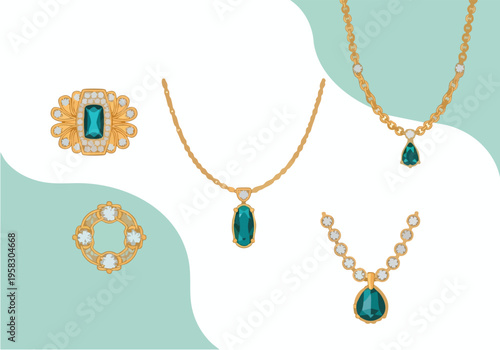 Elegant Collection of Gemstone Jewelry and Pendants with Gold Accents on a Mint Background