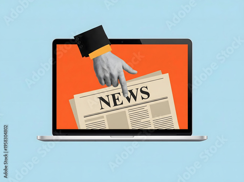 Cuadro en lienzo A hand emerging from a laptop screen holding a newspaper with the word news