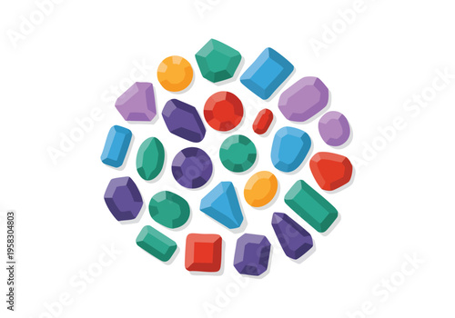 A colorful assortment of various gemstones and precious stones arranged in a circular pattern on a white background