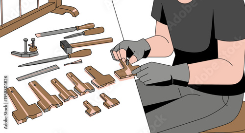 Artisan meticulously crafting metal components with specialized tools.