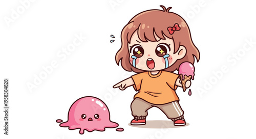 Kawaii cartoon girl crying and pointing at a melted pink ice cream with her other hand holding a similar treat, against a clean white background with a mix of orange, pink, and brown colors