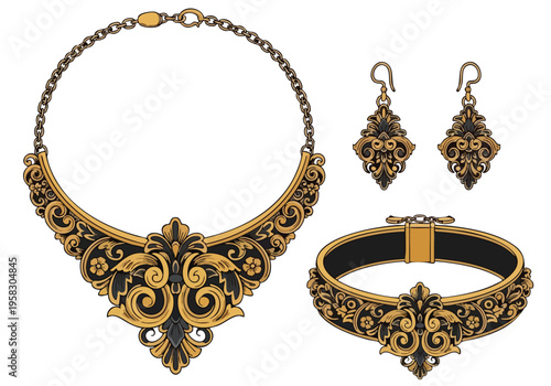 Exquisite antique gold filigree jewelry set, featuring a ornate necklace, bracelet, and earrings with black enamel accents