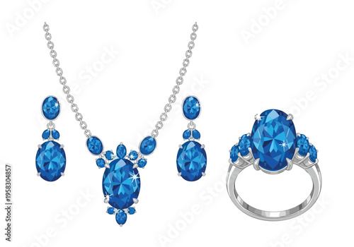 Elegant sapphire jewelry set featuring a necklace, ring, and earrings, perfect for special occasions and adding a touch of luxury