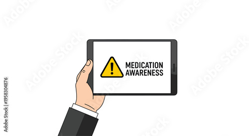 A hand holds a black tablet displaying a yellow warning sign and MEDICATION AWARENESS on a white screen.