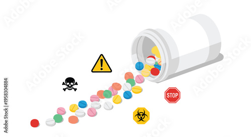 A white pill bottle spills colorful pills surrounded by warning signs on a white background.