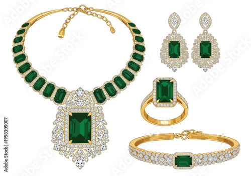 Exquisite Emerald and Diamond Jewelry Set - Necklace, Earrings, Ring, and Bracelet