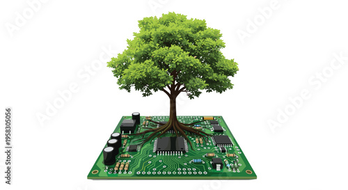 A vibrant green tree with a full leafy canopy grows directly from the center of a detailed green circuit board.